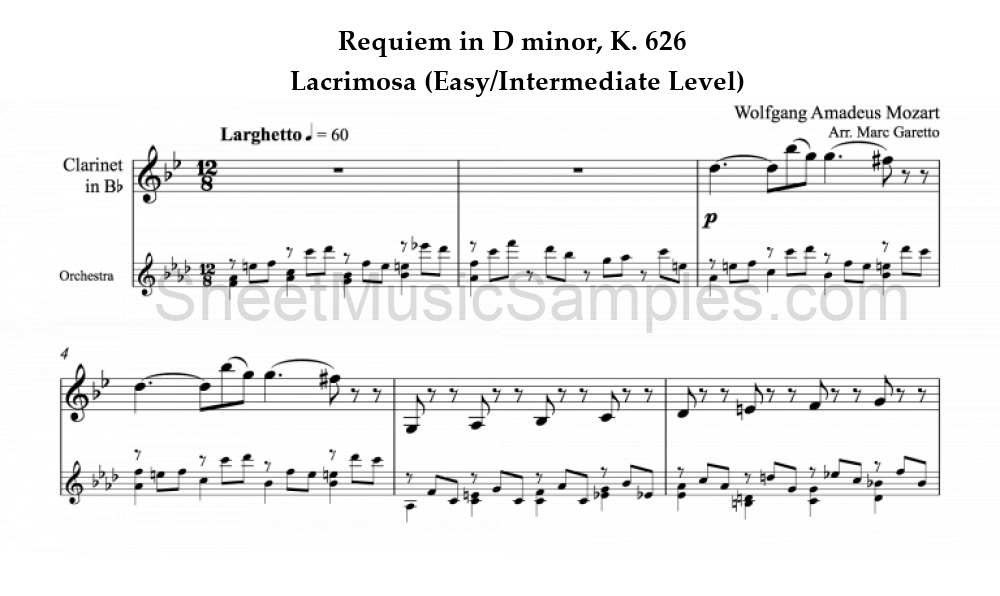 Requiem in D minor, K. 626 - Lacrimosa (Easy/Intermediate Level)