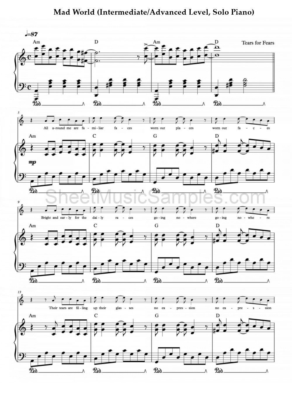 Mad World (Intermediate/Advanced Level, Solo Piano)