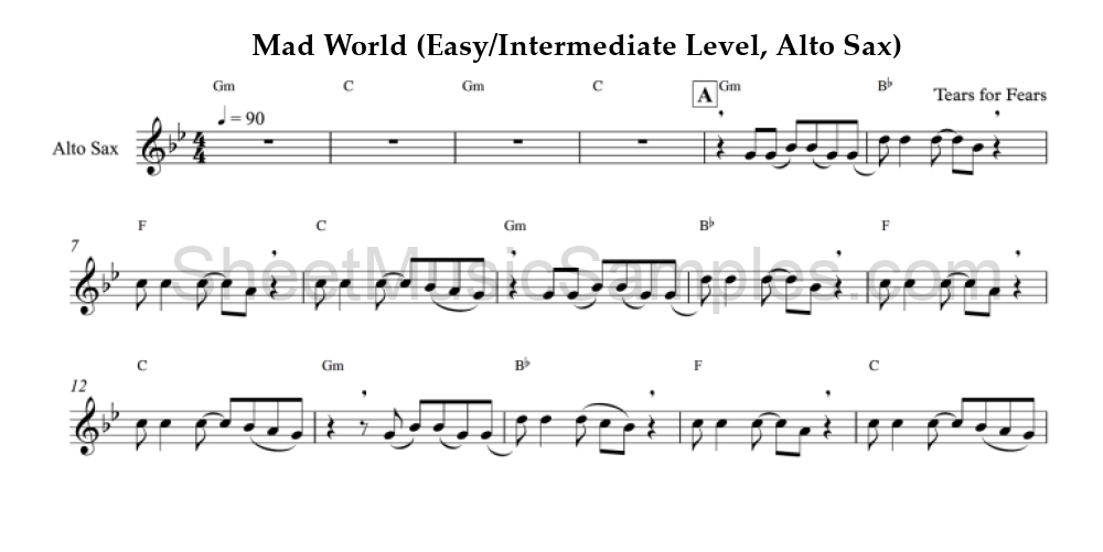 Mad World (Easy/Intermediate Level, Alto Sax)