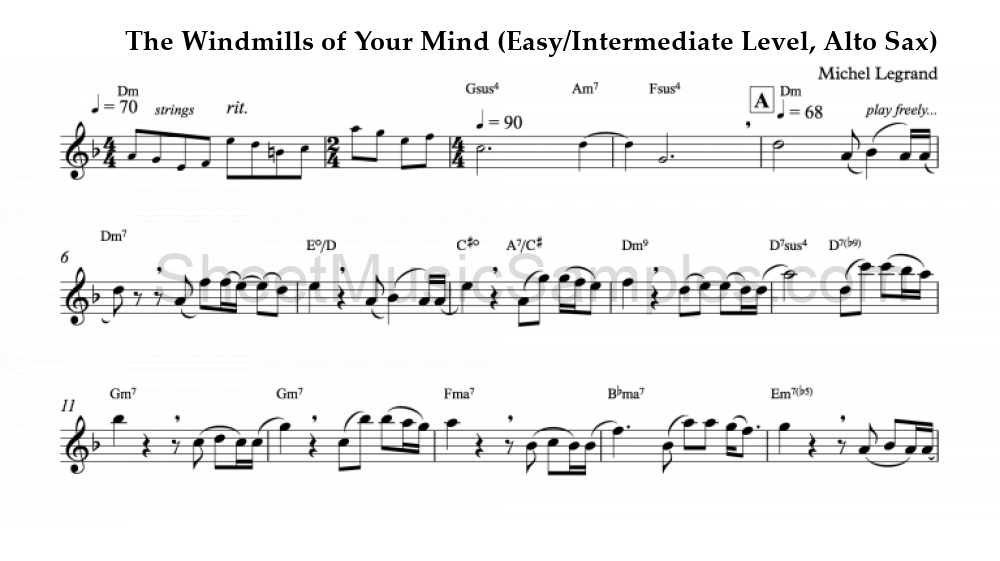 The Windmills of Your Mind (Easy/Intermediate Level, Alto Sax)