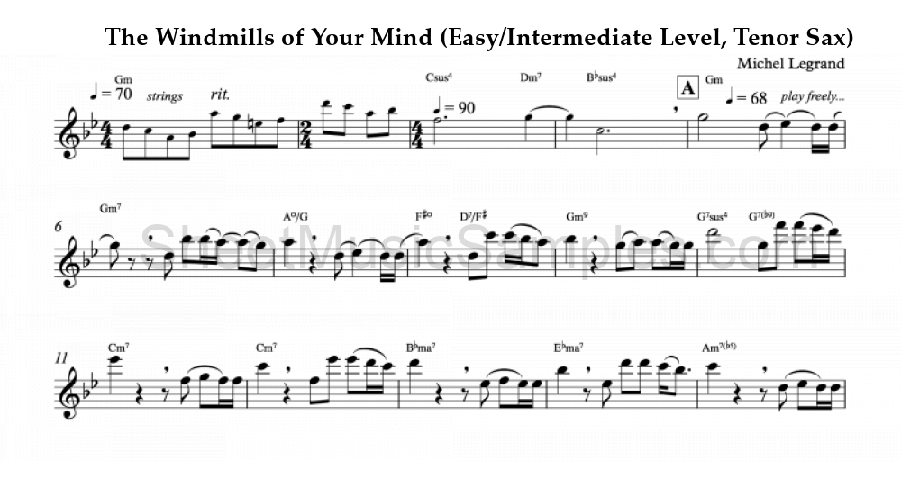 The Windmills of Your Mind (Easy/Intermediate Level, Tenor Sax)