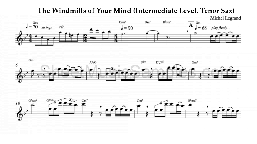 The Windmills of Your Mind (Intermediate Level, Tenor Sax)