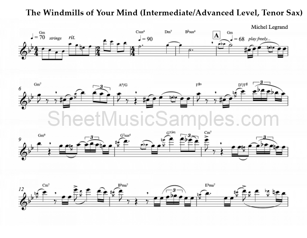 The Windmills of Your Mind (Intermediate/Advanced Level, Tenor Sax)