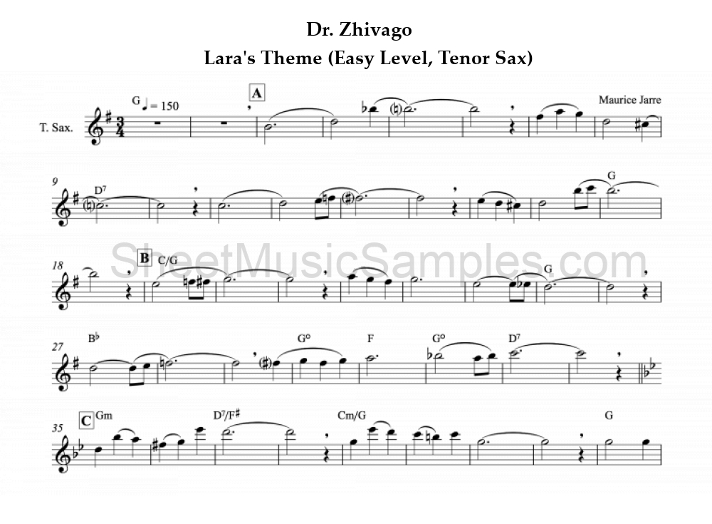 Dr. Zhivago - Lara's Theme (Easy Level, Tenor Sax)