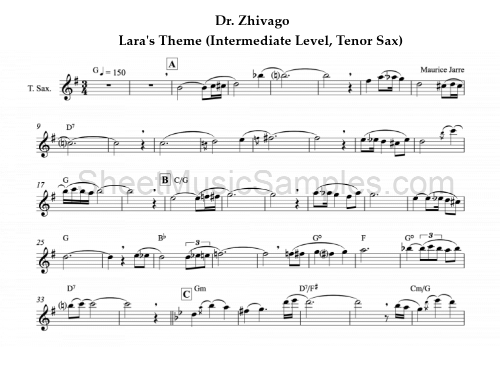 Dr. Zhivago - Lara's Theme (Intermediate Level, Tenor Sax)