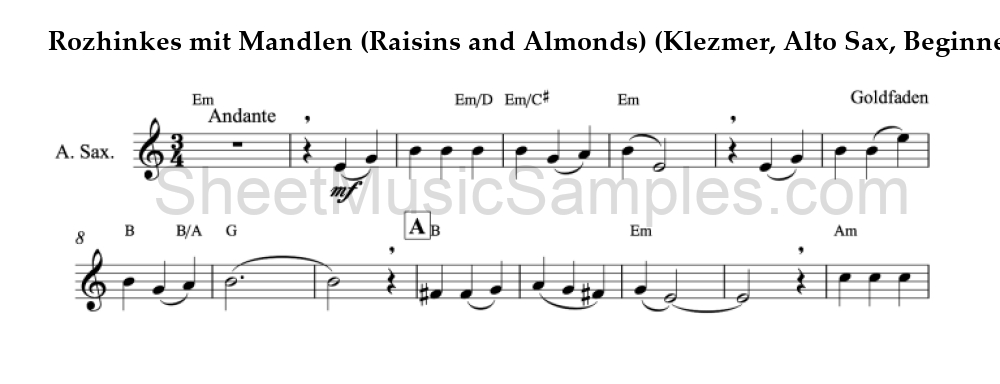 Rozhinkes mit Mandlen (Raisins and Almonds) (Klezmer, Alto Sax, Beginner)