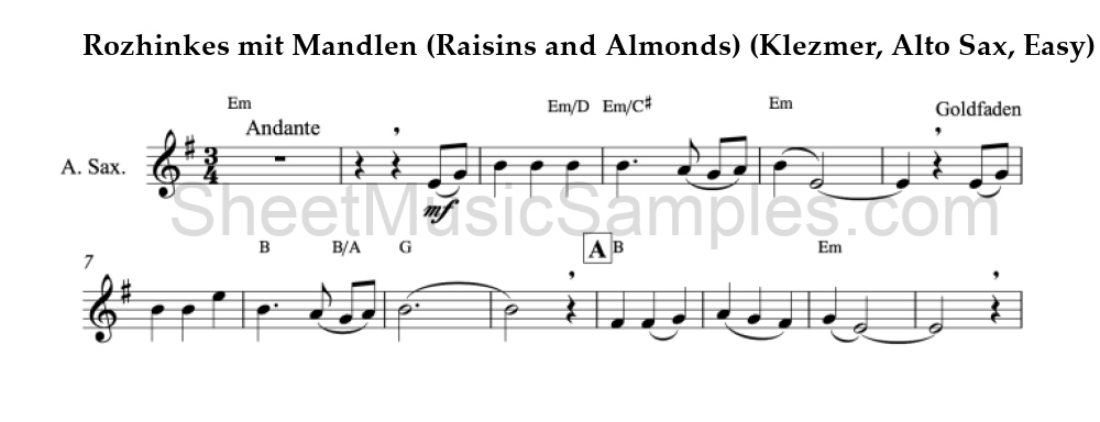 Rozhinkes mit Mandlen (Raisins and Almonds) (Klezmer, Alto Sax, Easy)