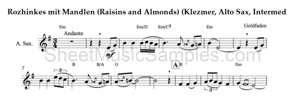 Rozhinkes mit Mandlen (Raisins and Almonds) (Klezmer, Alto Sax, Intermediate)