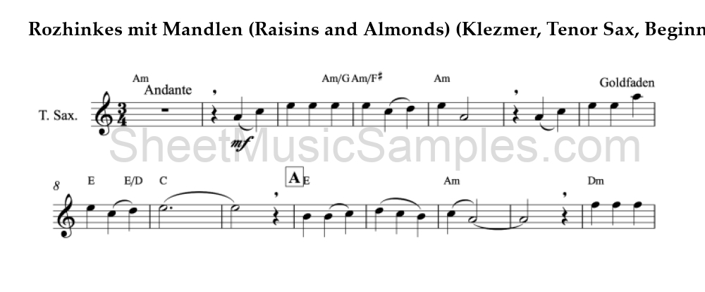 Rozhinkes mit Mandlen (Raisins and Almonds) (Klezmer, Tenor Sax, Beginner)