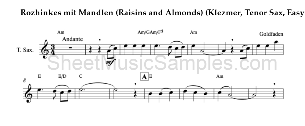 Rozhinkes mit Mandlen (Raisins and Almonds) (Klezmer, Tenor Sax, Easy)