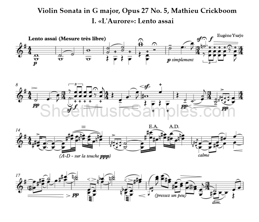 Violin Sonata in G major, Opus 27 No. 5, Mathieu Crickboom - I. «L'Aurore»: Lento assai