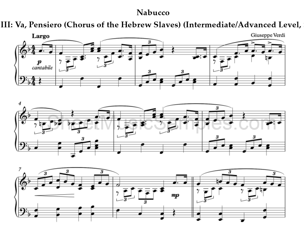 Nabucco - Act III: Va, Pensiero (Chorus of the Hebrew Slaves) (Intermediate/Advanced Level, Solo Piano)