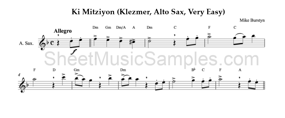 Ki Mitziyon (Klezmer, Alto Sax, Very Easy)