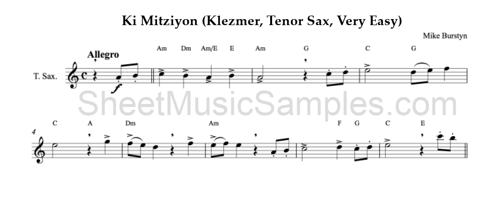 Ki Mitziyon (Klezmer, Tenor Sax, Very Easy)