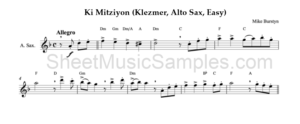 Ki Mitziyon (Klezmer, Alto Sax, Easy)