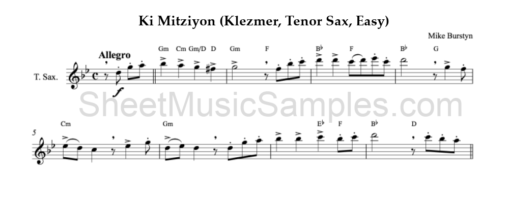 Ki Mitziyon (Klezmer, Tenor Sax, Easy)