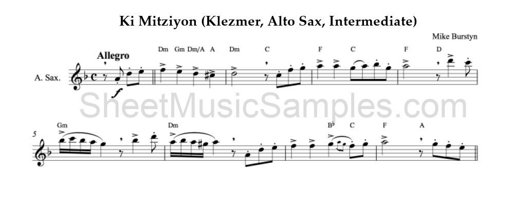 Ki Mitziyon (Klezmer, Alto Sax, Intermediate)