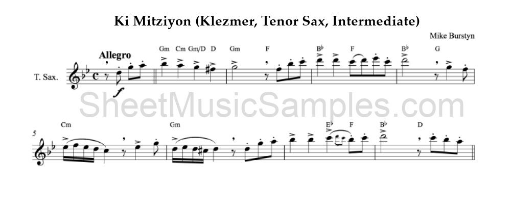 Ki Mitziyon (Klezmer, Tenor Sax, Intermediate)