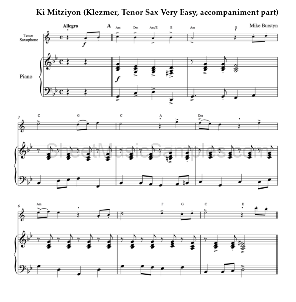 Ki Mitziyon (Klezmer, Tenor Sax Very Easy, accompaniment part)