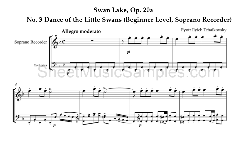 Swan Lake, Op. 20a - No. 3 Dance of the Little Swans (Beginner Level, Soprano Recorder)