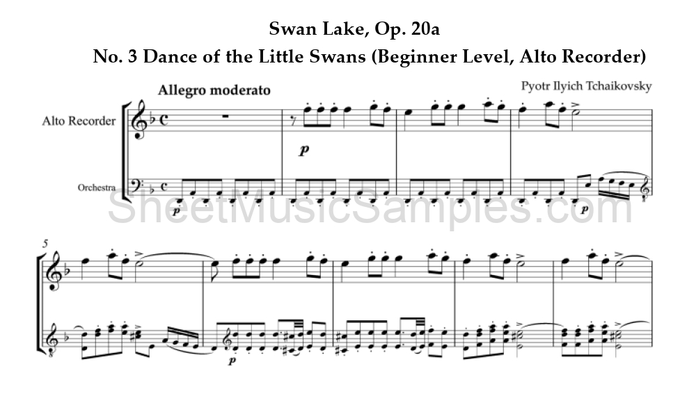 Swan Lake, Op. 20a - No. 3 Dance of the Little Swans (Beginner Level, Alto Recorder)