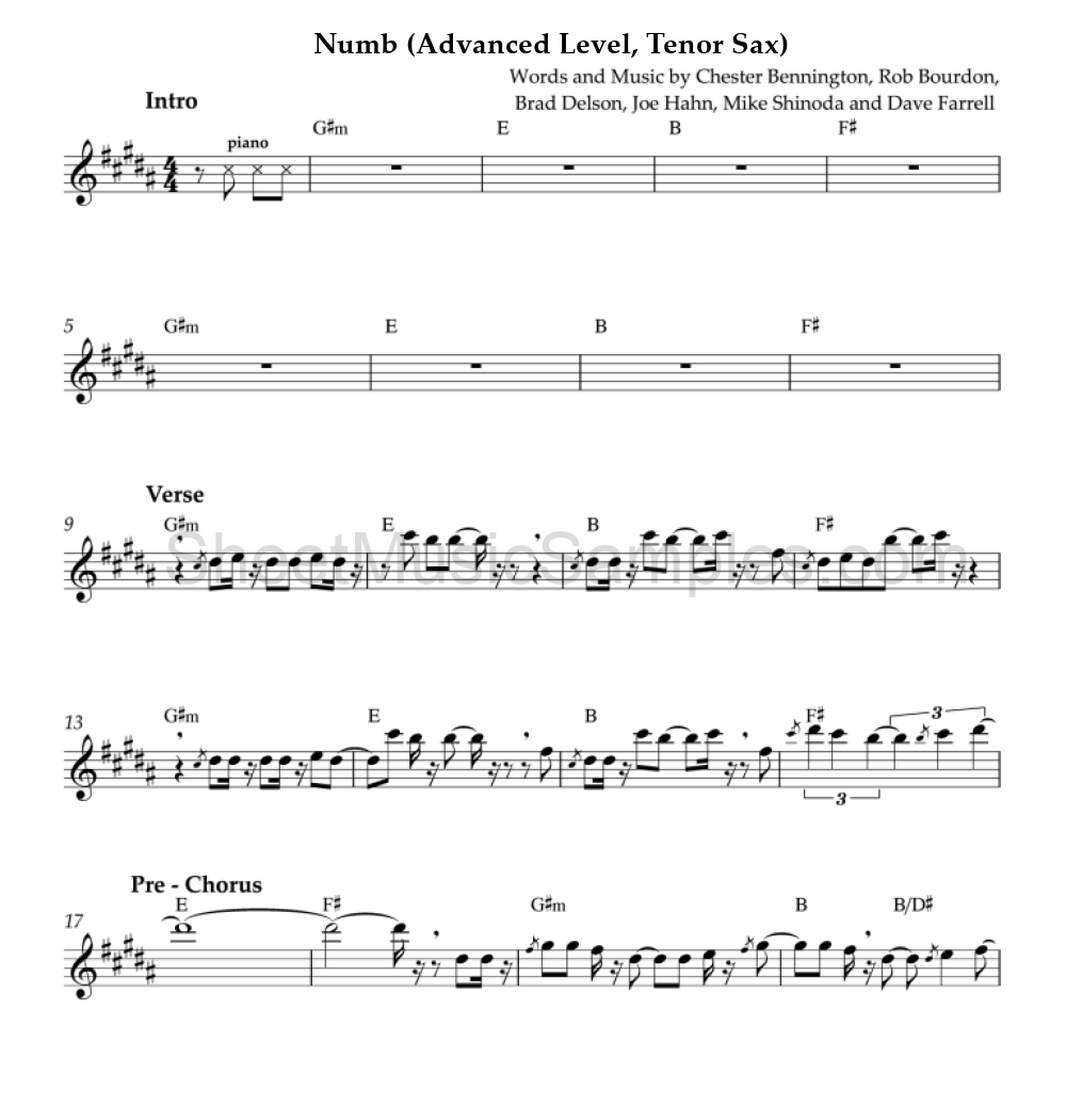 Numb (Advanced Level, Tenor Sax)