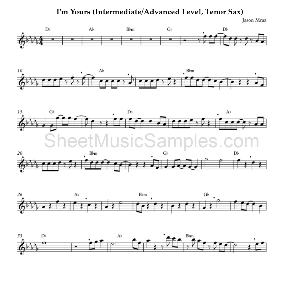 I'm Yours (Intermediate/Advanced Level, Tenor Sax)