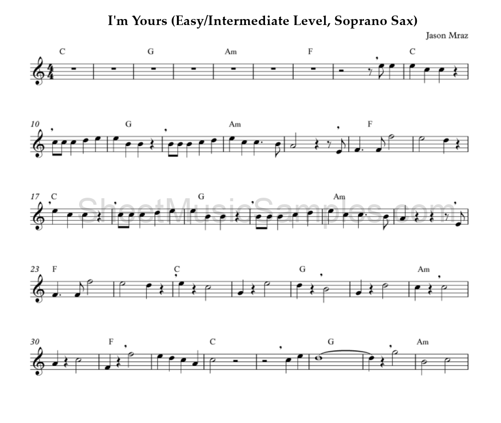 I'm Yours (Easy/Intermediate Level, Soprano Sax)