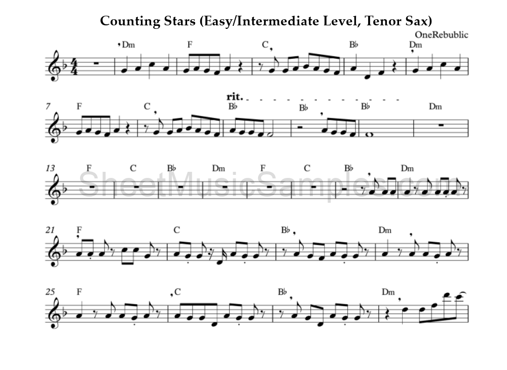 Counting Stars (Easy/Intermediate Level, Tenor Sax)