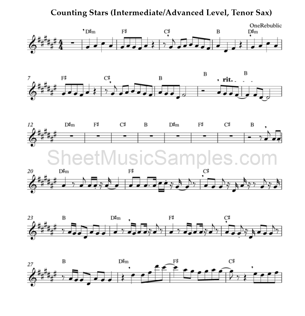 Counting Stars (Intermediate/Advanced Level, Tenor Sax)