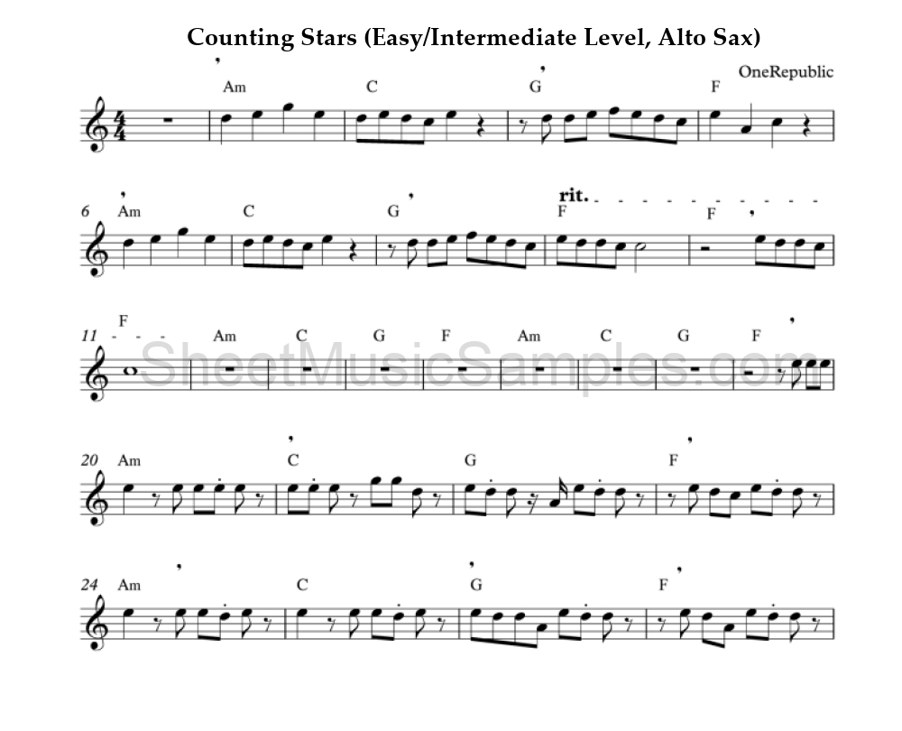 Counting Stars (Easy/Intermediate Level, Alto Sax)