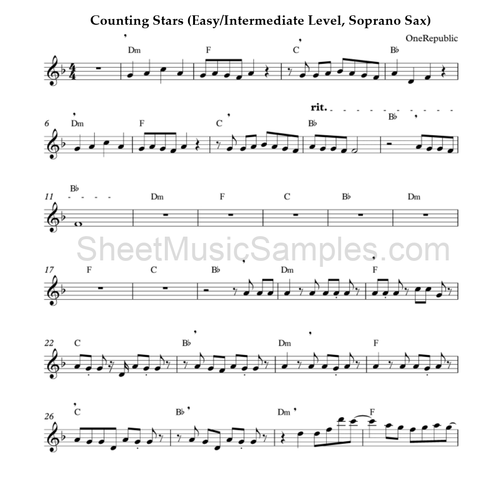 Counting Stars (Easy/Intermediate Level, Soprano Sax)