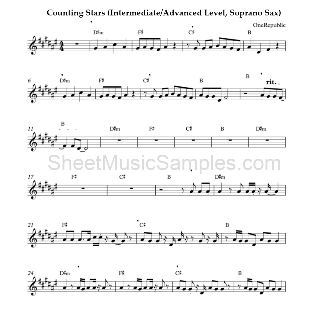 Counting Stars (Intermediate/Advanced Level, Soprano Sax)