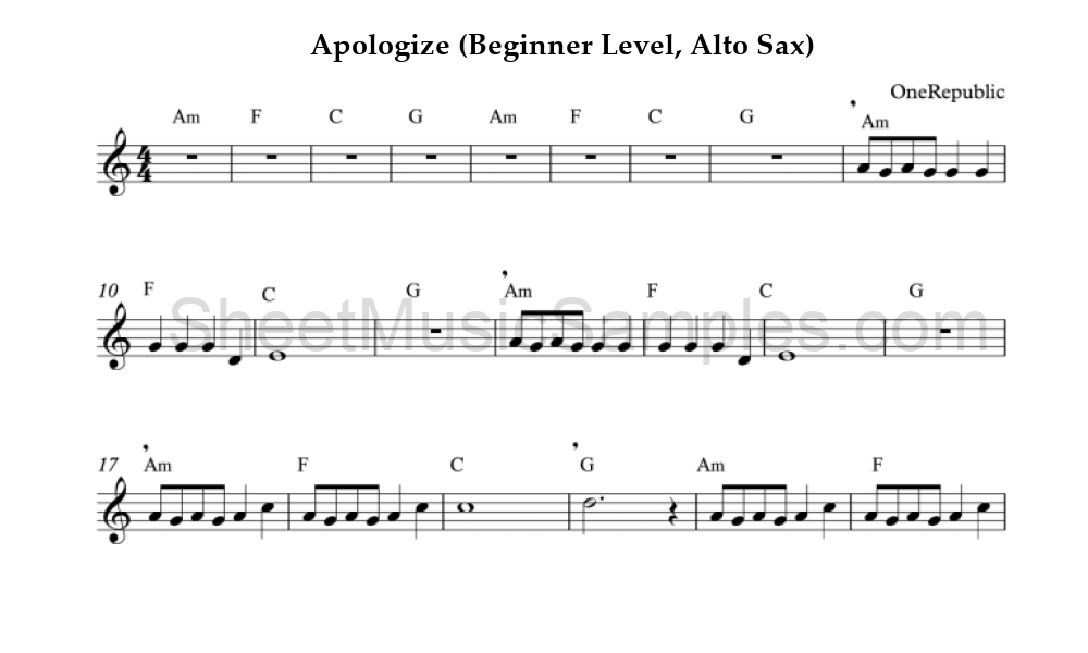 Apologize (Beginner Level, Alto Sax)