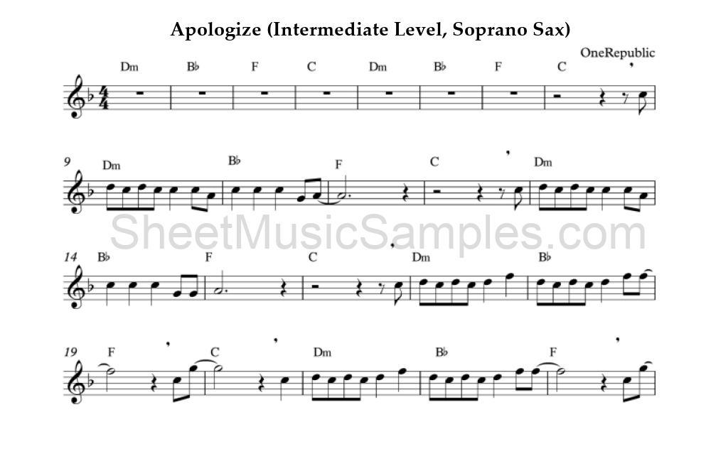 Apologize (Intermediate Level, Soprano Sax)