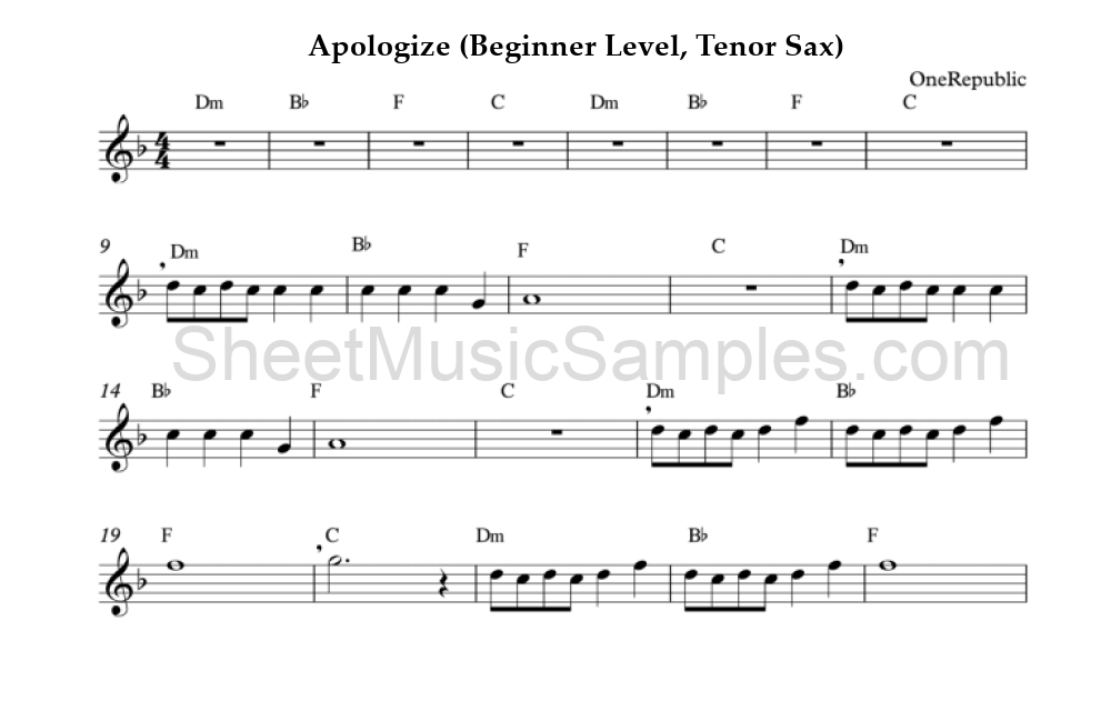 Apologize (Beginner Level, Tenor Sax)