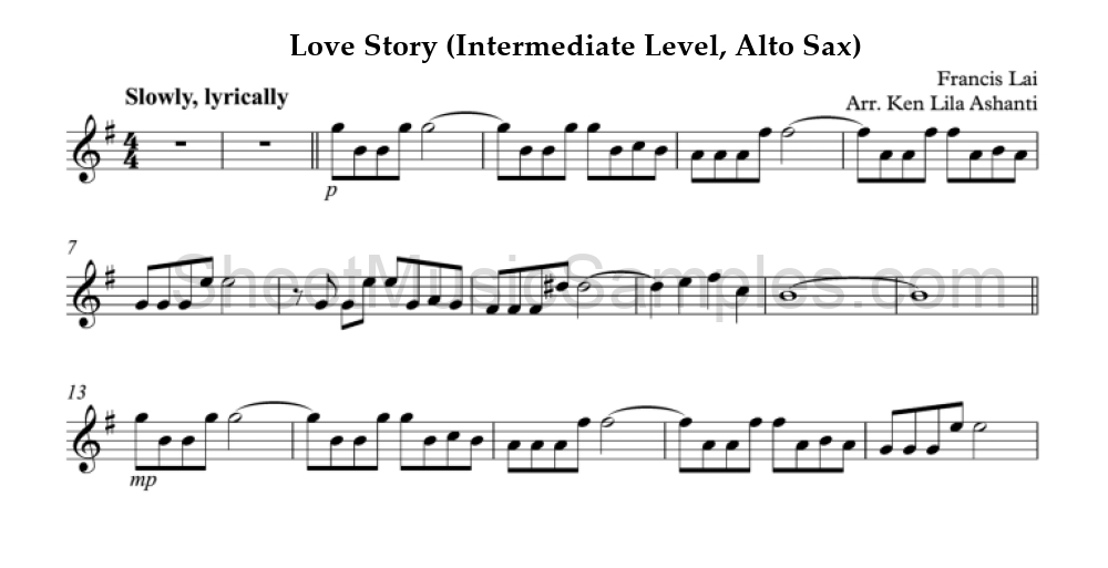 Love Story (Intermediate Level, Alto Sax)