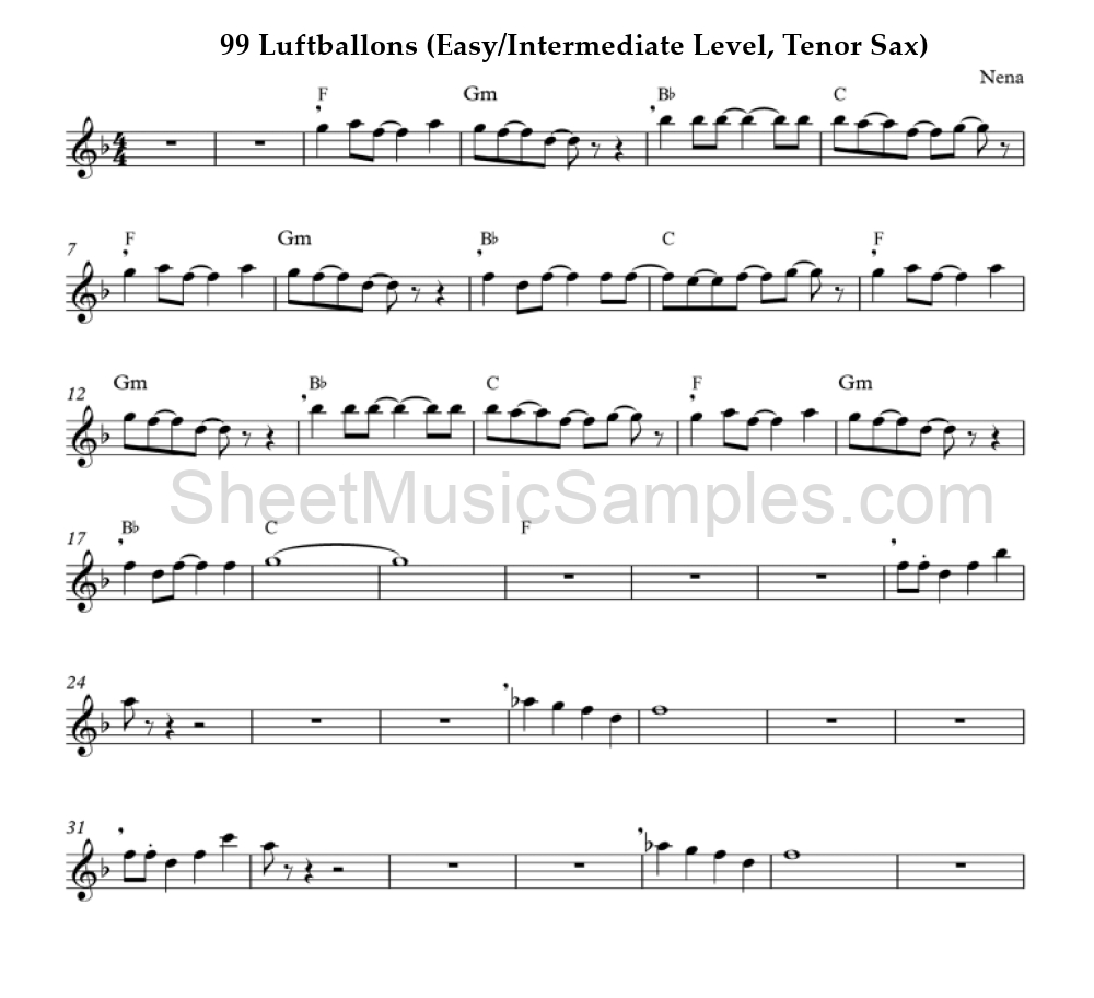 99 Luftballons (Easy/Intermediate Level, Tenor Sax)