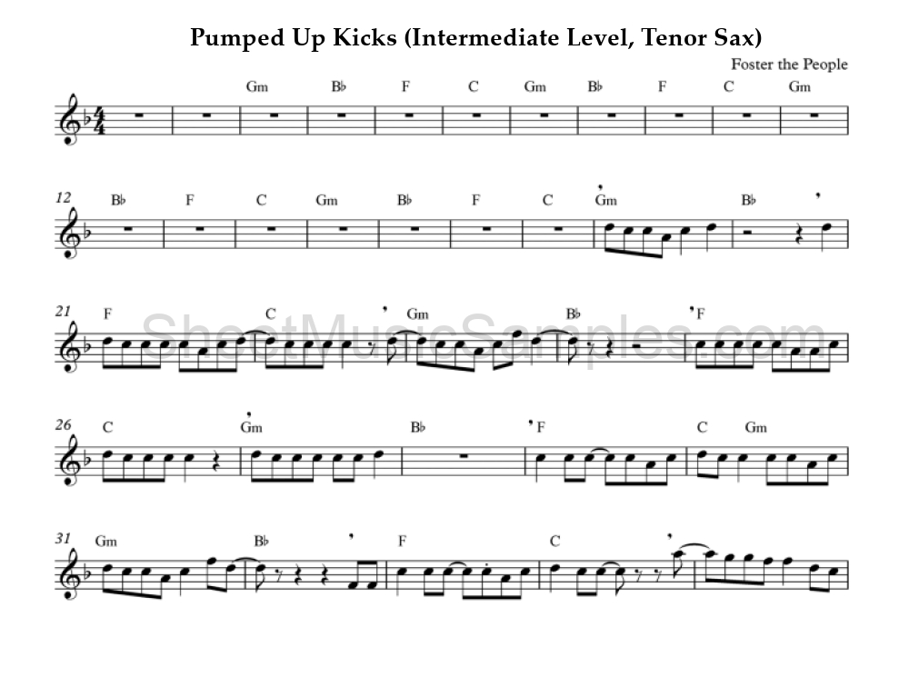 Pumped Up Kicks (Intermediate Level, Tenor Sax)