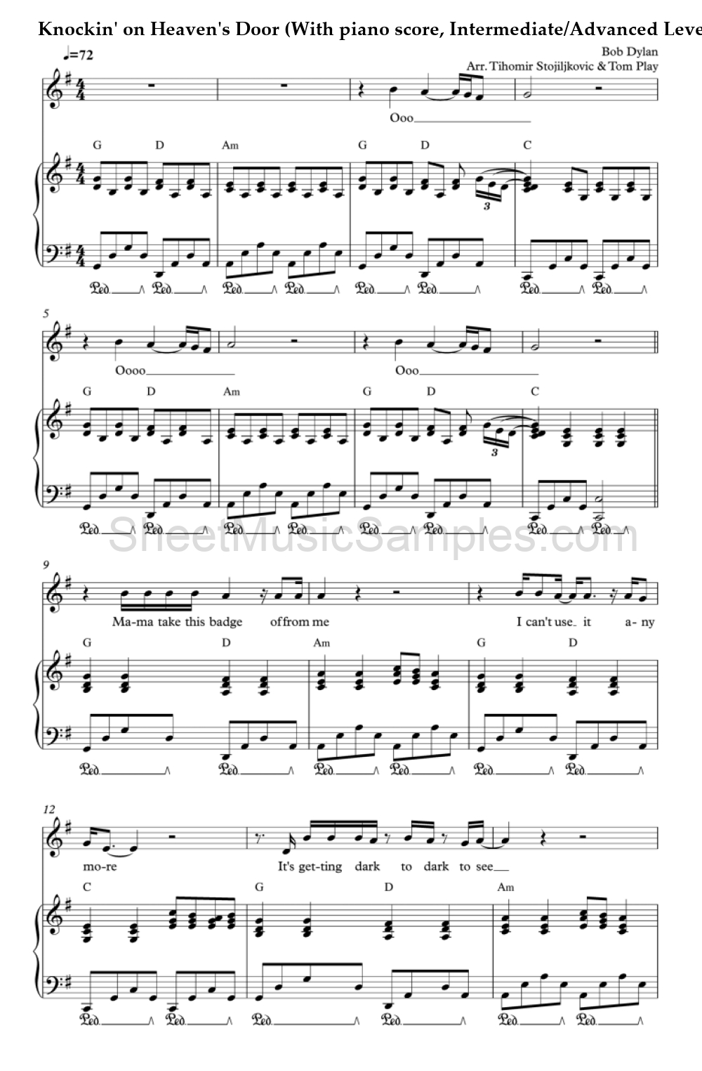 Knockin' on Heaven's Door (With piano score, Intermediate/Advanced Level)