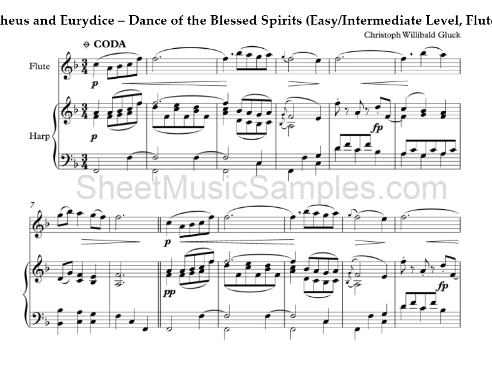 Orpheus and Eurydice – Dance of the Blessed Spirits (Easy/Intermediate Level, Flute and Harp)