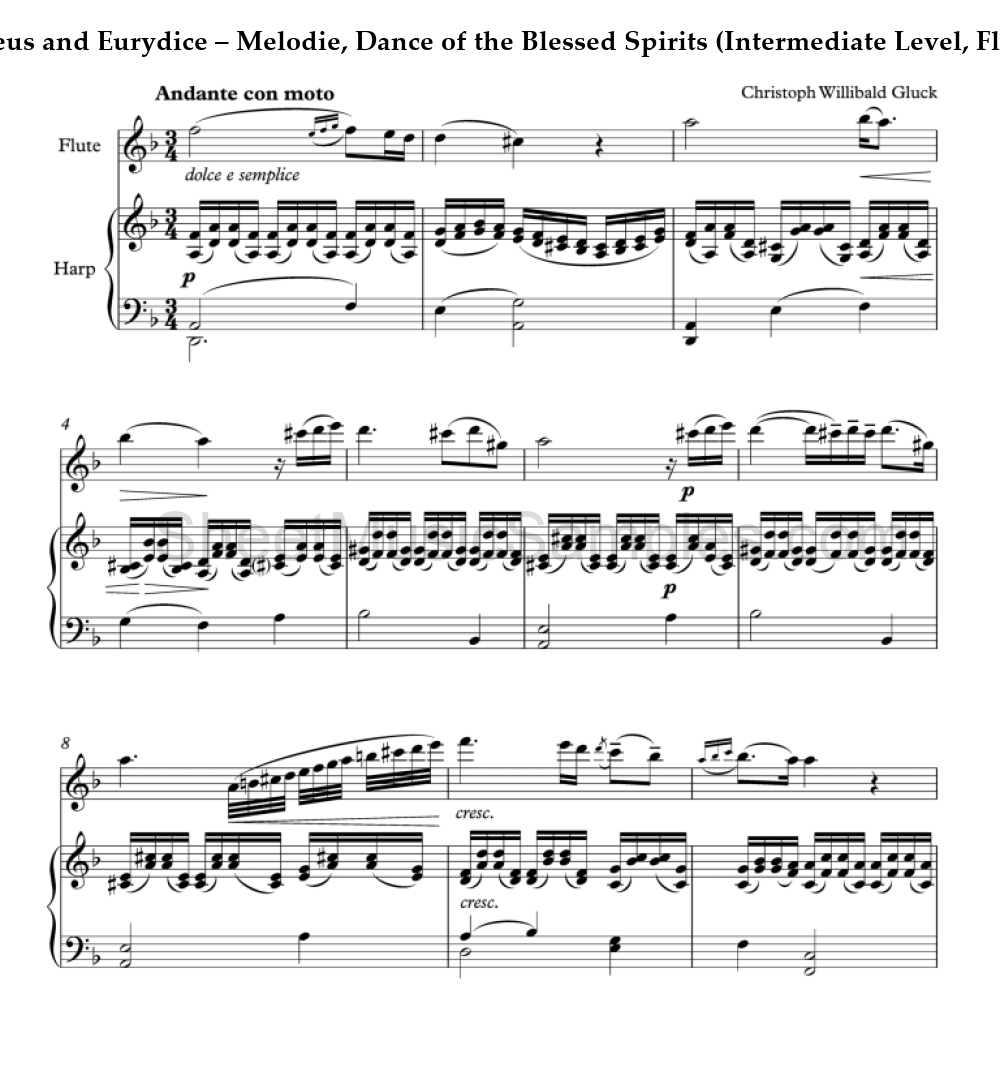 Orpheus and Eurydice – Melodie, Dance of the Blessed Spirits (Intermediate Level, Flute and Harp)