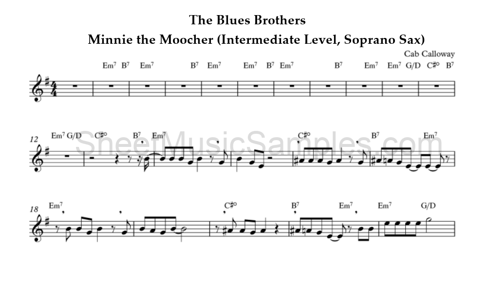 The Blues Brothers - Minnie the Moocher (Intermediate Level, Soprano Sax)