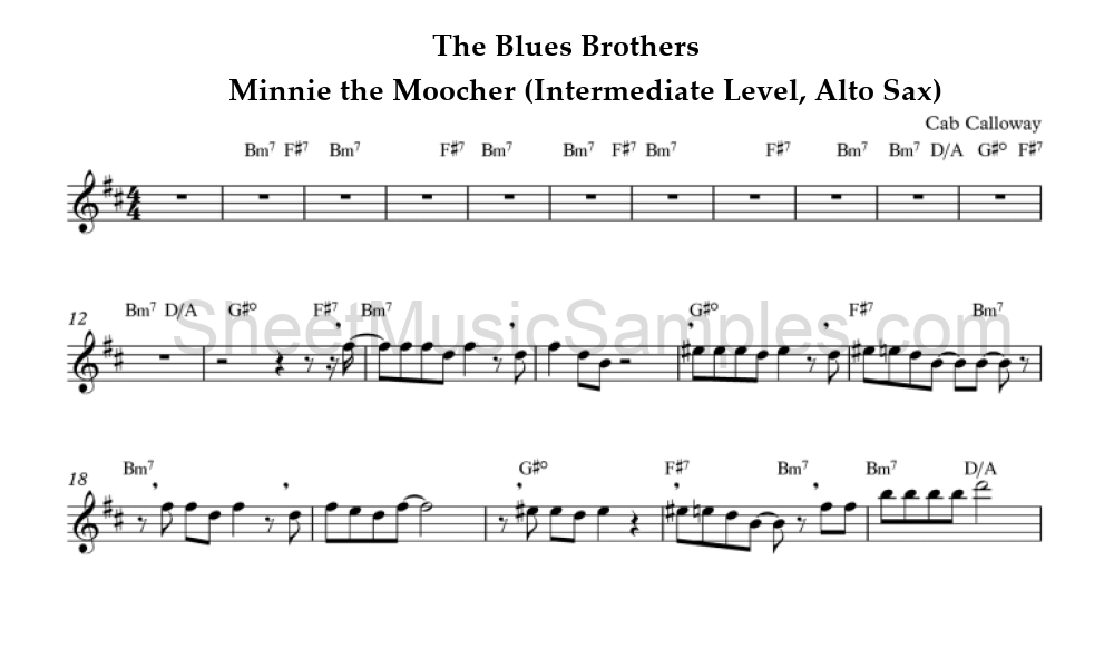 The Blues Brothers - Minnie the Moocher (Intermediate Level, Alto Sax)