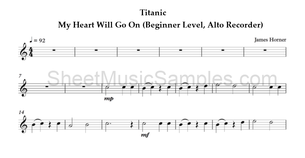 Titanic - My Heart Will Go On (Beginner Level, Alto Recorder)