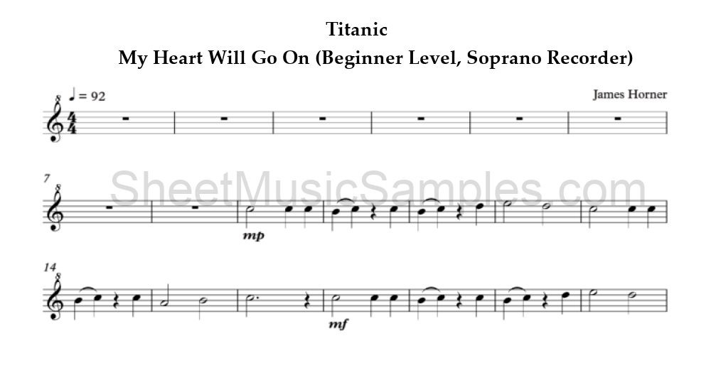 Titanic - My Heart Will Go On (Beginner Level, Soprano Recorder)