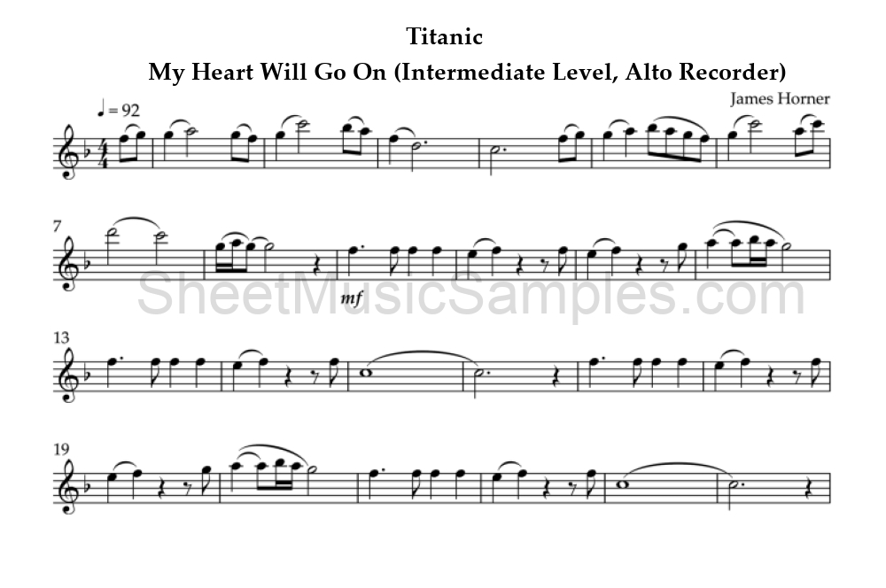 Titanic - My Heart Will Go On (Intermediate Level, Alto Recorder)