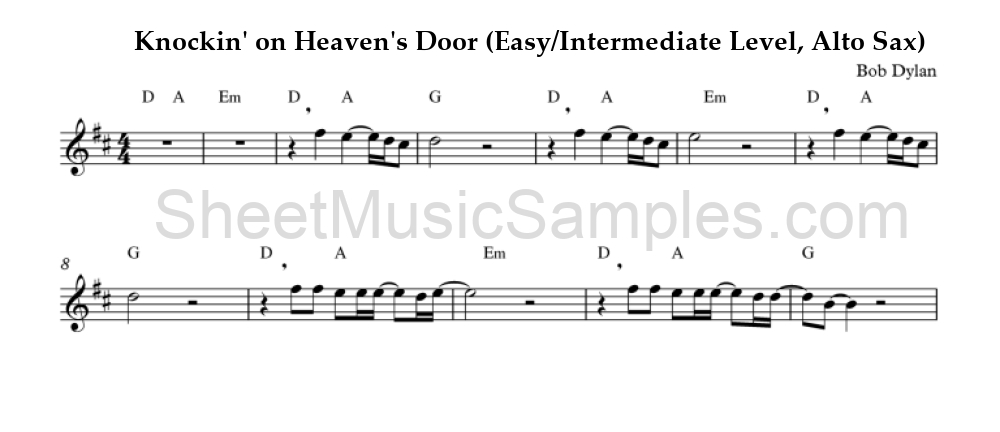 Knockin' on Heaven's Door (Easy/Intermediate Level, Alto Sax)