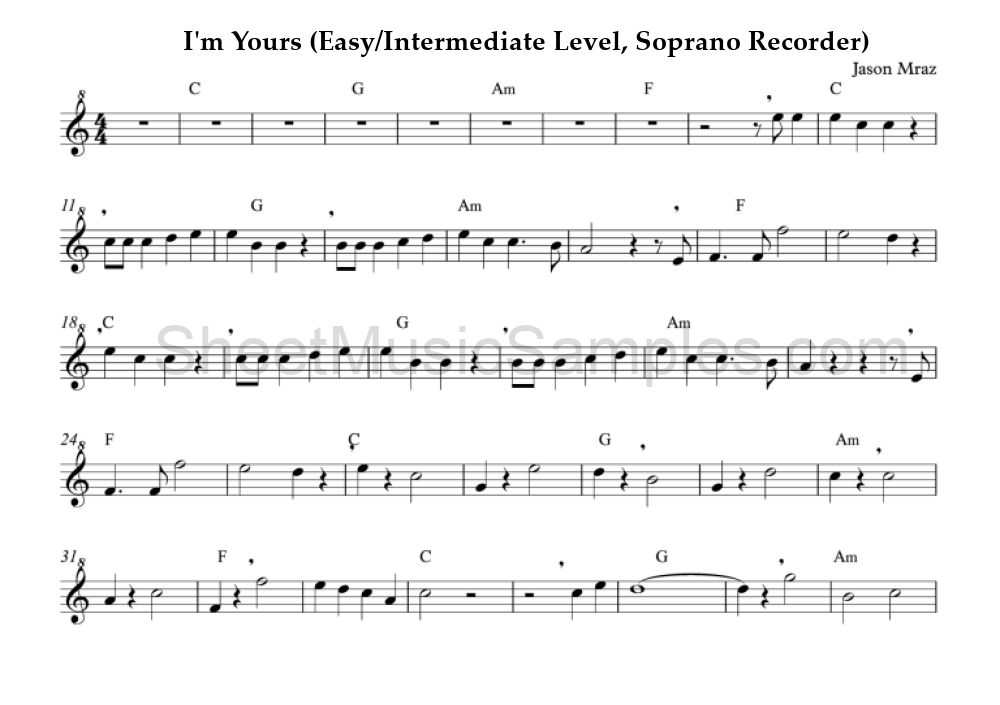 I'm Yours (Easy/Intermediate Level, Soprano Recorder)