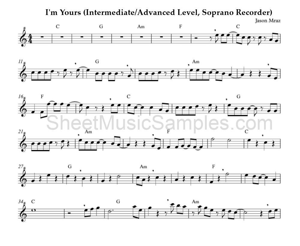 I'm Yours (Intermediate/Advanced Level, Soprano Recorder)